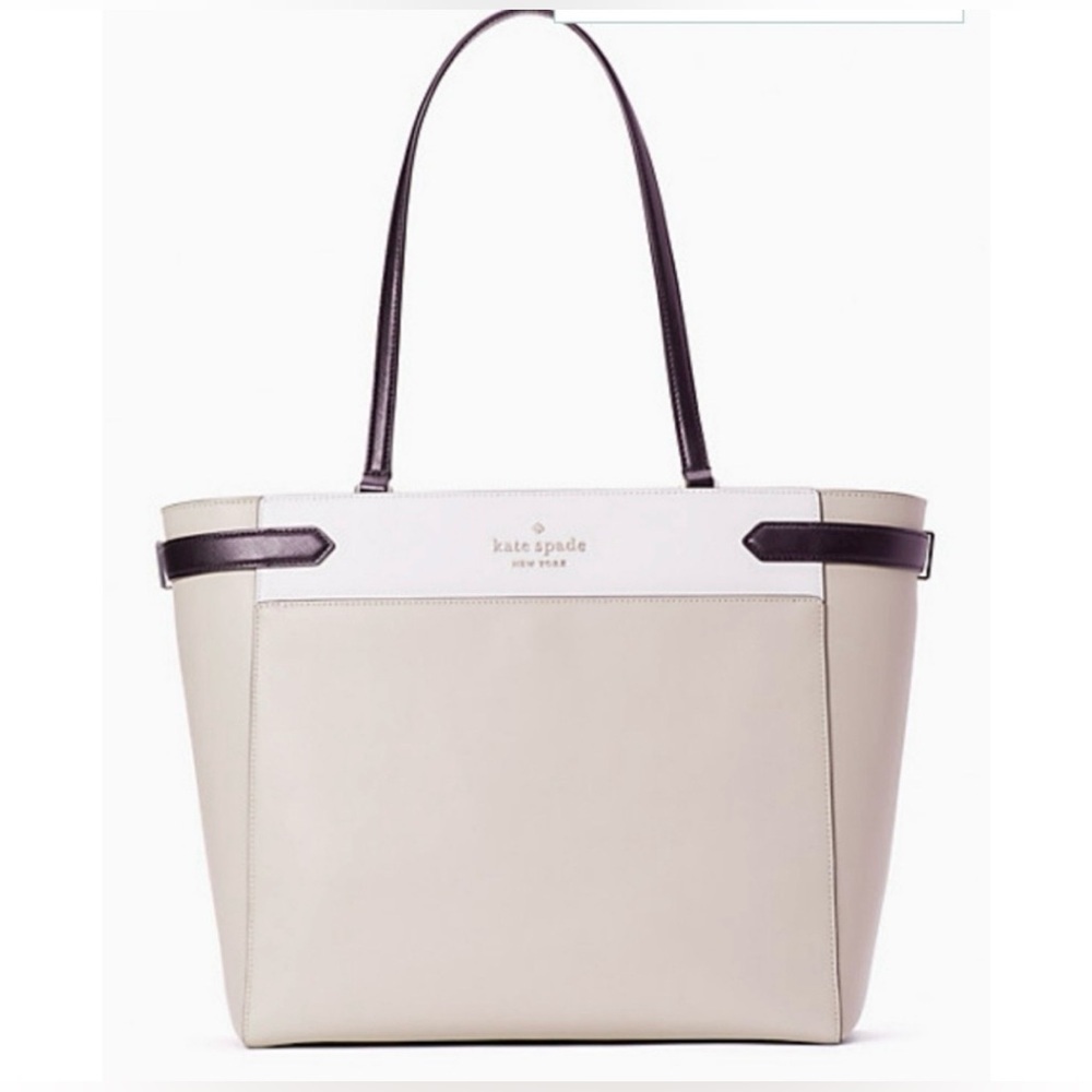 Kate Spade Staci Colorblock Laptop Tote Black Tan White Purse Shoulder Bag
